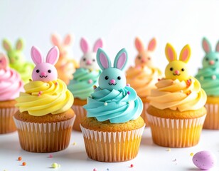 Delightful assortment of vibrant Easter celebration cupcakes featuring adorable pastel bunny rabbit decorations and colorful sprinkles arranged beautifully on a clean white background