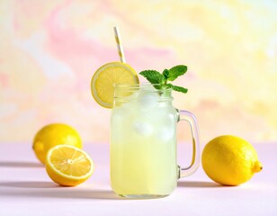 Refreshing glass of chilled lemonade with ice cubes, a bright lemon slice, and fresh mint leaves, displayed on a pink surface with whole lemons