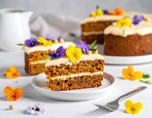 Delicious slices of homemade carrot cake topped with creamy white frosting and vibrant edible pansy flowers artfully arranged on white plates ready to be served