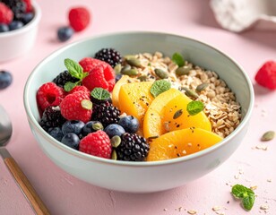 Healthy breakfast bowl with oats, mixed berries, orange slices, and seeds. Plant based Easter breakfast bowl with oats, berries and seeds.