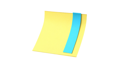 A 3D rendered yellow sticky note with a blue adhesive strip against a black background