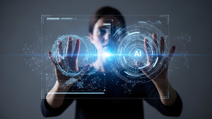 Future artificial intelligence technology concept showing woman interacting with digital virtual interface screen displaying blue holographic data analysis and neural networks in dark environment
