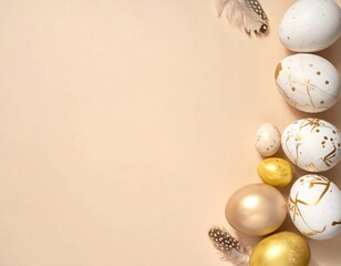 Elegant arrangement of white and golden decorative eggs with natural feathers on a smooth beige surface providing ample space for creative text or design elements