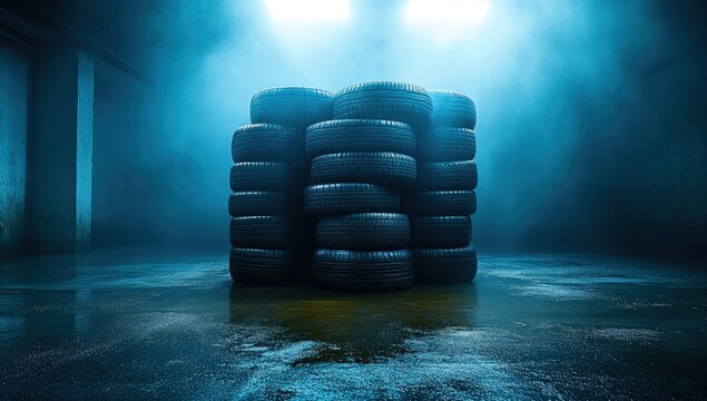 Large stack of car tires in a dark, moody industrial garage with blue lighting and atmospheric smoke