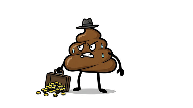Anxious cartoon poop character carrying a briefcase spilling gold, a humorous take on illicit gains