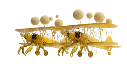 Two yellow biplanes with circular objects attached, on a transparent background