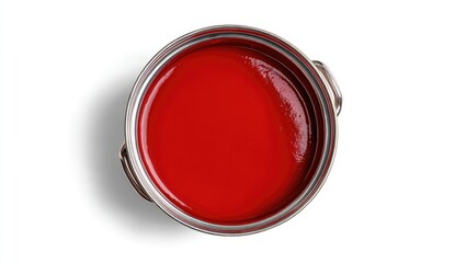 Top-down view of a partially open metal paint can filled with vibrant red liquid