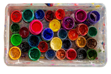 Lots of cans of colored paints for painting