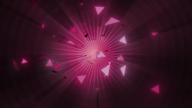 A vibrant video showcasing a mesmerizing display of pink triangles exploding in a dark background