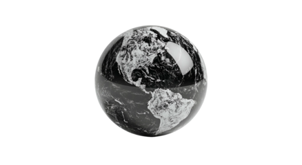 A glossy sphere, a monochrome Earth floats against a stark black background