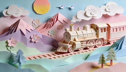 Fototapeta premium Paper Train Winding Through Mountainous Landscape, Artistic Illustration in Winter Blues - Travel and Christmas Art