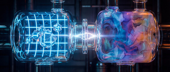 Futuristic Glass Data Pipeline with Neon Grid and Floating Crystals Connected to Colorful Fluid Chamber, Digital Transformation Concept