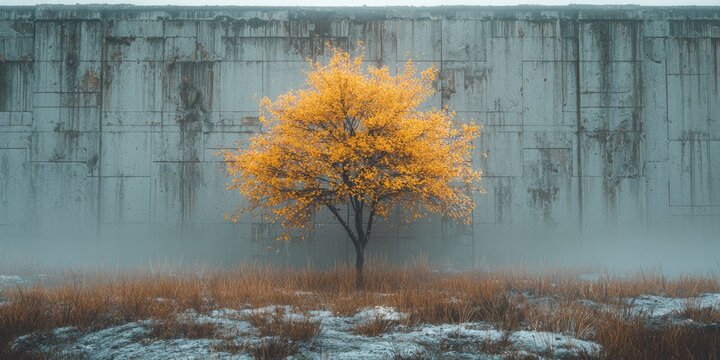A vibrant yellow-leafed tree stands before a weathered concrete structure, shrouded in mist