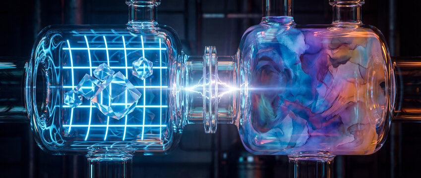 Futuristic Glass Data Pipeline with Neon Grid and Floating Crystals Connected to Colorful Fluid Chamber, Digital Transformation Concept - Powered by Adobe