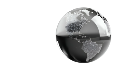 A stylized, metallic globe with North and South America centered, set against black