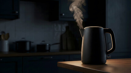 Modern sleek electric kettle with boiling water steam on dark background