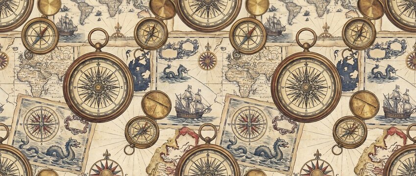 Vintage Nautical Seamless Pattern with Antique Maps and Compasses