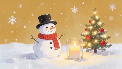 Fototapeta premium Snowman With Top Hat, Festive Winter Snow Scene, Cold Cheerful Christmas Holiday - Ideal For Seasonal Decorations