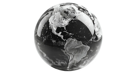 A grayscale Earth globe against a black background, with visible landmasses