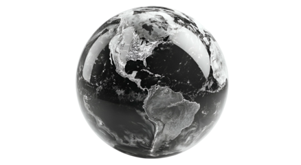 A grayscale Earth globe against a black background, with visible landmasses