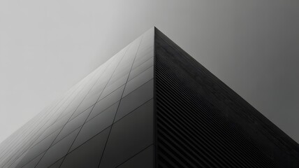 Close up of a minimalist skyscraper featuring sharp geometric lines and contrasting light and shadow in a modern urban setting under soft daylight creating a sl