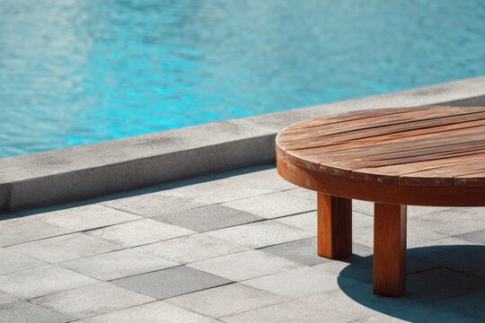 Close-up of a round wooden table by a swimming pool on a sunny day