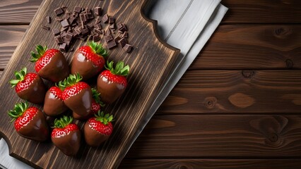 Chocolate covered strawberries arranged beautifully on a rustic wooden cutting board