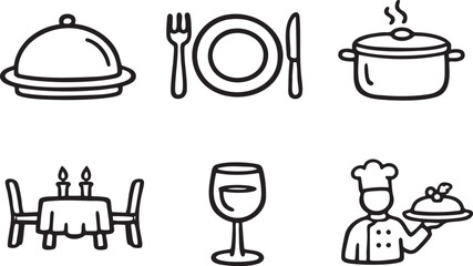 Collection of black line representing food service and dining restaurant chef