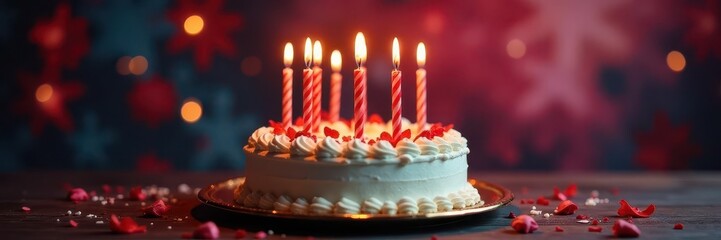 Elegant birthday cake, candles ablaze, festive backdrop, night, festive