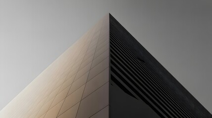 Abstract low angle view of a modern building corner with contrasting light and shadow on its textured facades under a clear sky showcasing contemporary architec
