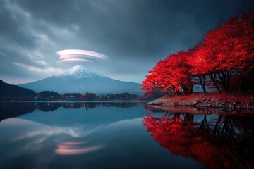 Majestic snow-capped mountain reflects in calm water, red trees on shore, unusual cloud