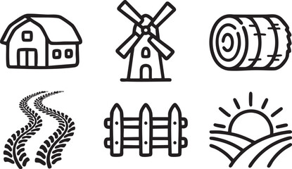 Collection of simple black line of farm including a barn windmill hay bale fence and sunrise over fields