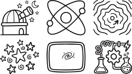 Hand drawn science and astronomy observatory atom galaxy experiment telescope stars