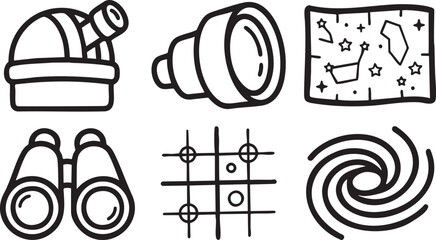 Set of six black and white depicting astronomy and games telescope observatory binoculars stars