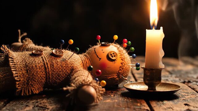 Lit candle with smoke rising next to a voodoo doll on a rustic wood surface for dark magic rituals or Halloween