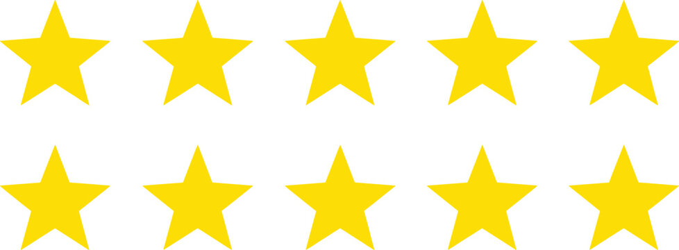 Yellow star icon set for rating and review systems, quality evaluation and customer feedback flat vector illustration