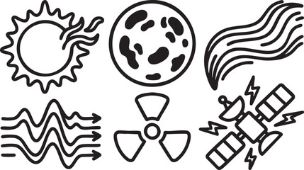 Set of six black line depicting celestial bodies energy and technology moon waves arrows