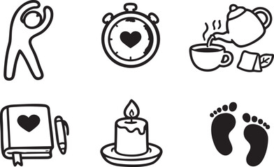 Simple black line of self care activities including stretching tea and candle person arms raised
