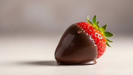 A delicious chocolate covered strawberry with vibrant green leaves is showcased