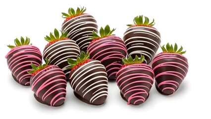 Delicious chocolate covered strawberries with white and pink drizzle arrangement