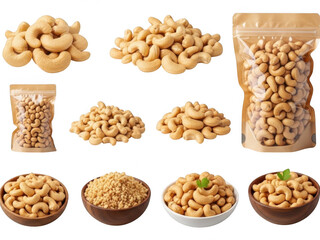 Various cashew nuts arrangements isolated on transparent background