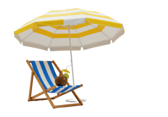 A classic wooden beach chair with blue/white stripes, yellow/white striped umbrella, and coconut drink with lime, straw, mini umbrella on white, concept of tropical leisure