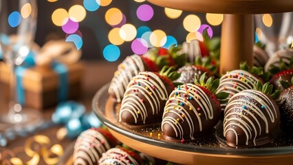 Chocolate covered strawberries on a tiered stand with festive bokeh background
