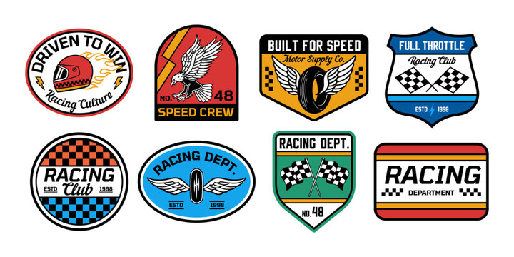 Racing badge vector set with motorsport logos, speed crew emblems, checkered flags, helmets, wings, and retro typography. Perfect for apparel, stickers, branding, and prints.
