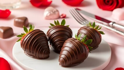 Chocolate covered strawberries romantic dessert and hearts on a pink background