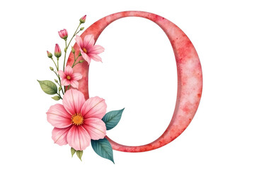 Floral decorated red letter O with pink flowers on white background.