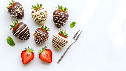 Delicious chocolate covered strawberries with fresh fruit and a silver fork