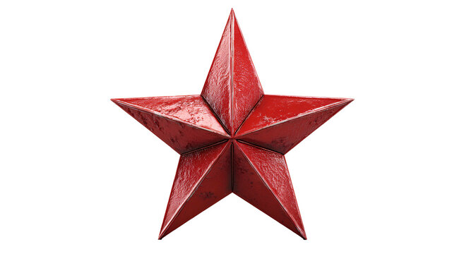 Isolated metallic, textured five-pointed star with a rusty, aged red finish