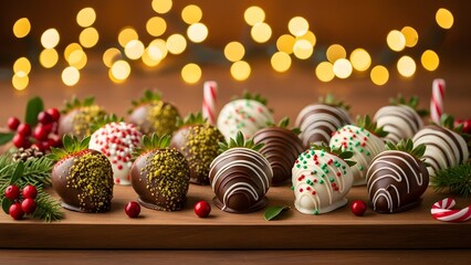 Festive chocolate covered strawberries with holiday sprinkles and a blurred background