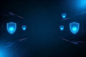 Generative AI visual of futuristic digital security shields with glowing blue accents and